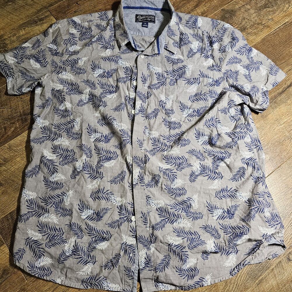 American Rag CIE Mens XXL Gray Blue Palm Leaf Print Short Sleeve Button Shirt